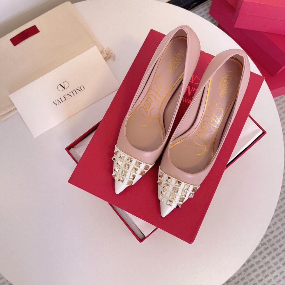 Replica Valentino Beige Rockstud Pump 90mm with White Patent Toe Cap 110