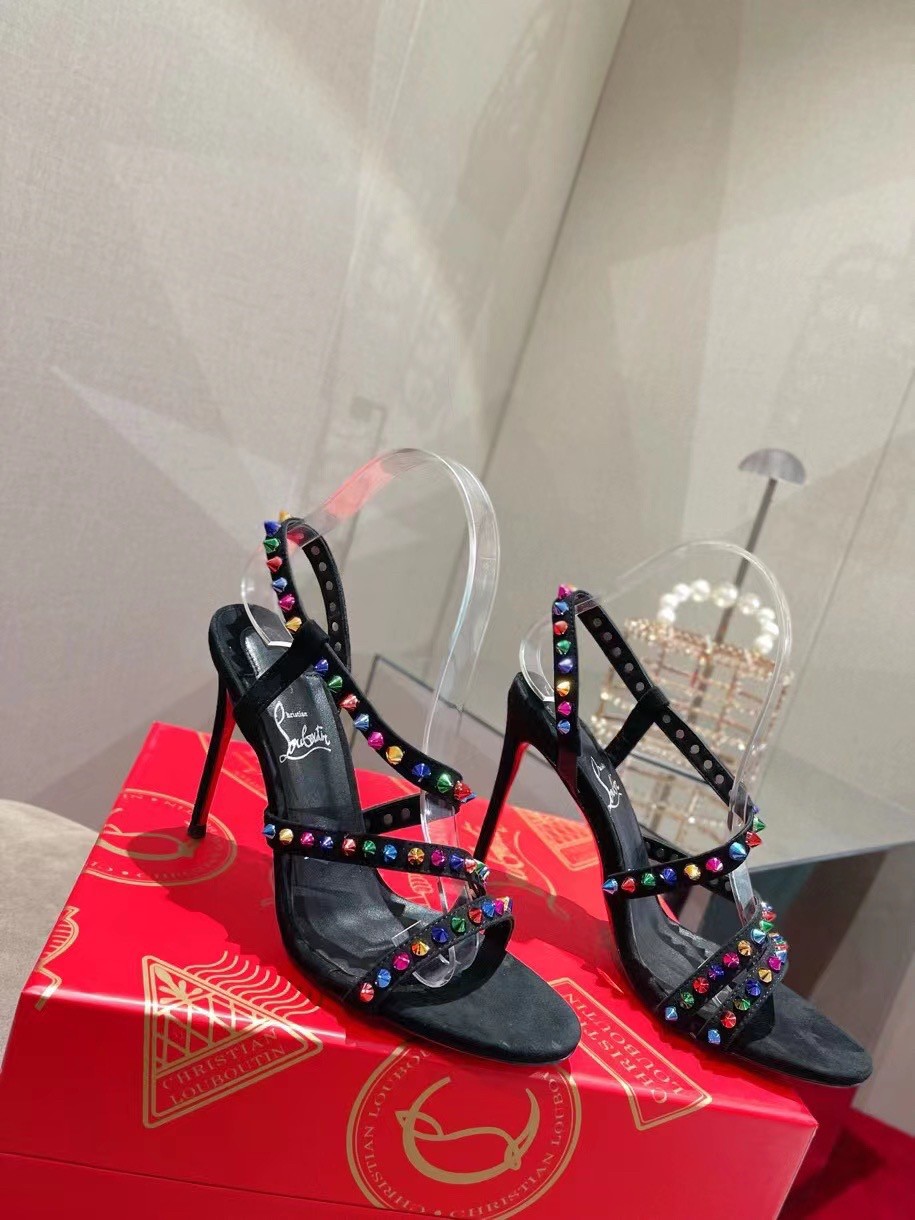 Replica Christian Louboutin Spikita Strap 100mm Sandals In Black Suede 108