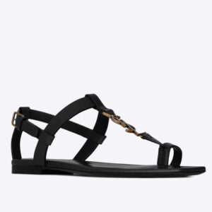 Replica Saint Laurent Cassandra Flat Sandals In Black Calfskin