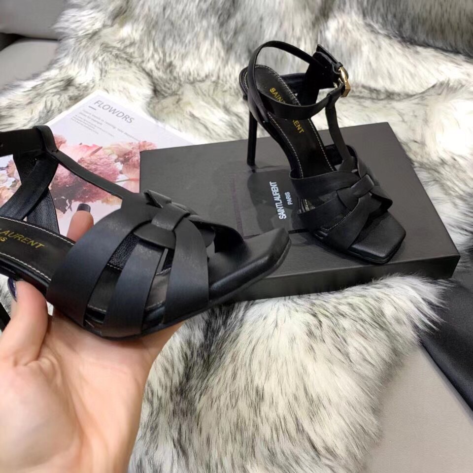 Replica Saint Laurent Tribute Sandals 105 In Black Calfskin 105