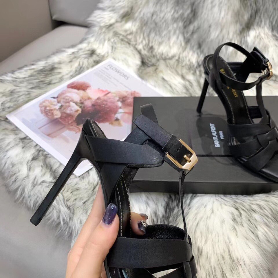 Replica Saint Laurent Tribute Sandals 105 In Black Calfskin 110