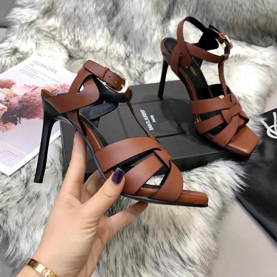 Replica Saint Laurent Tribute Sandals 105 In Brown Calfskin 106