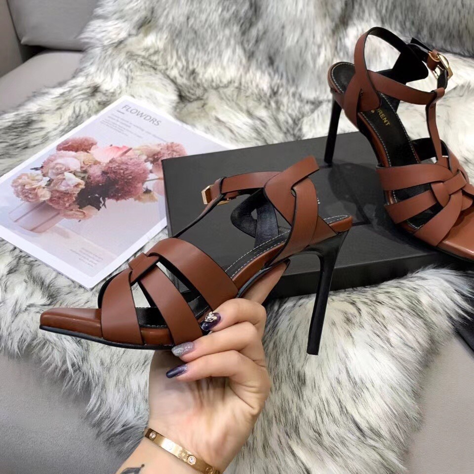 Replica Saint Laurent Tribute Sandals 105 In Brown Calfskin 107