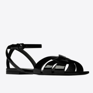 Replica Saint Laurent Tribute Flat Sandals In Black Patent Leather