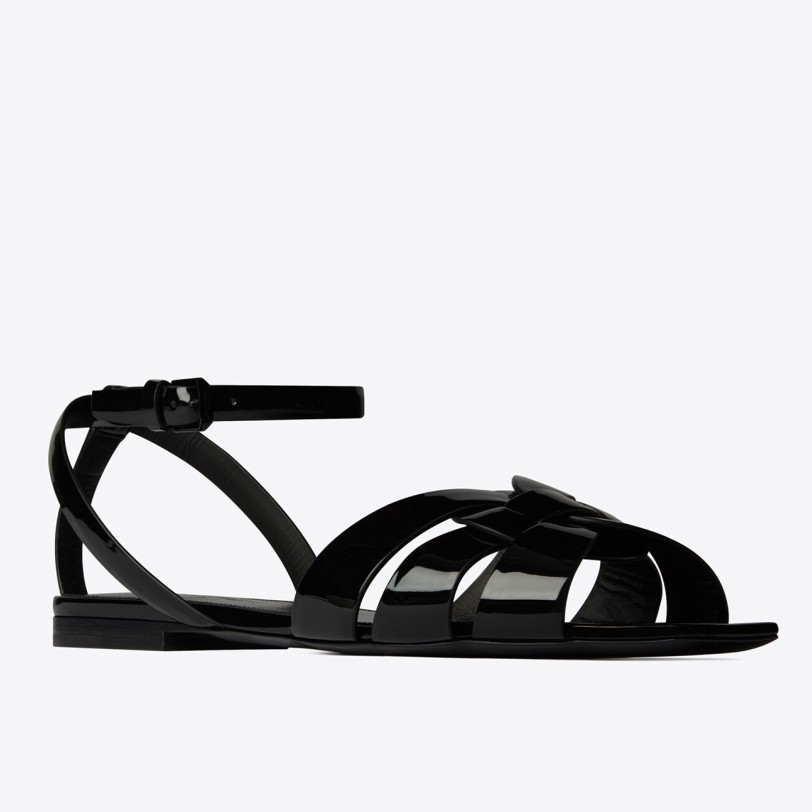 Replica Saint Laurent Tribute Flat Sandals In Black Patent Leather 104