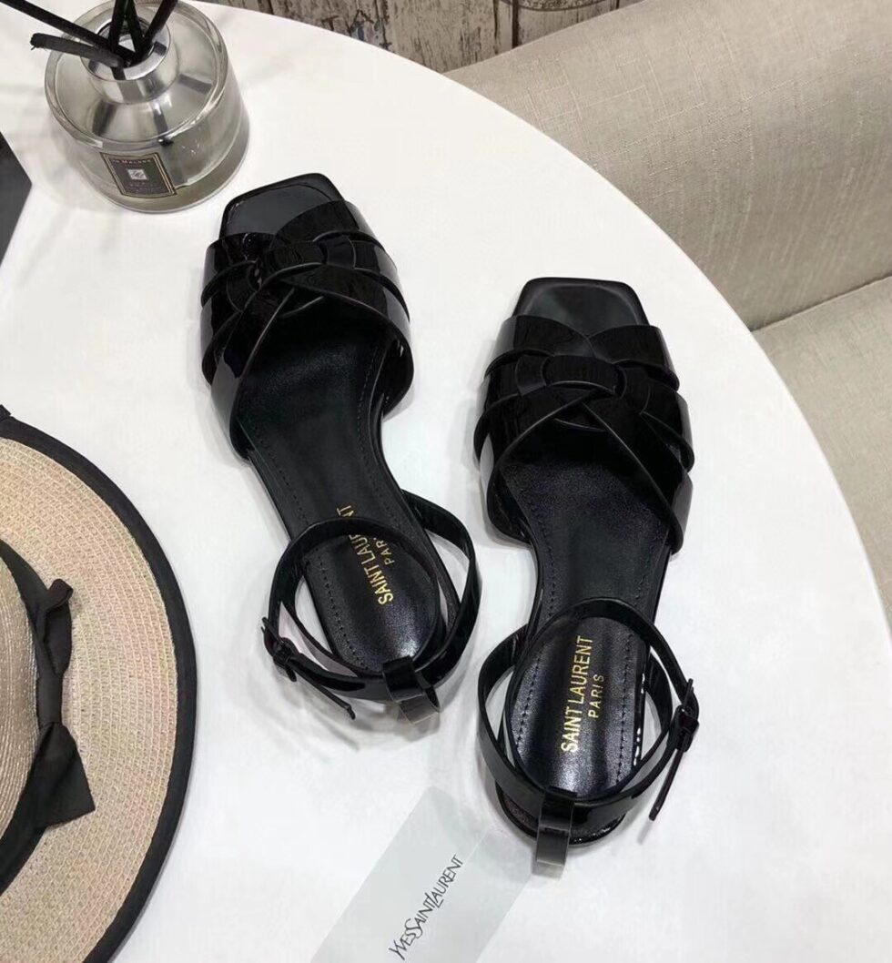 Replica Saint Laurent Tribute Flat Sandals In Black Patent Leather 108