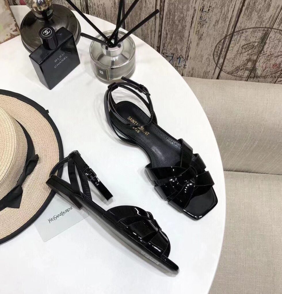 Replica Saint Laurent Tribute Flat Sandals In Black Patent Leather 109