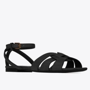 Replica Saint Laurent Tribute Flat Sandals In Black Calfskin