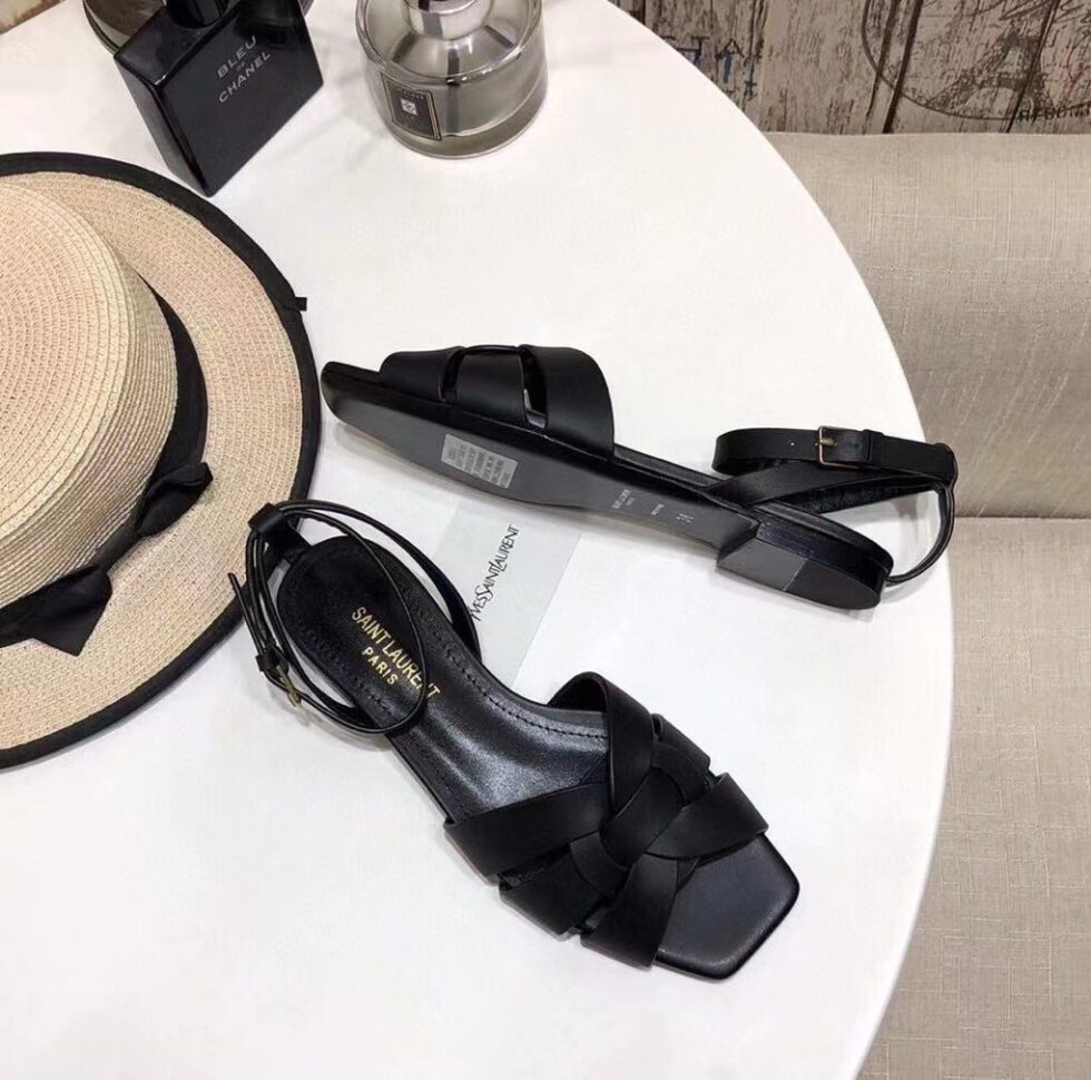 Replica Saint Laurent Tribute Flat Sandals In Black Calfskin 105