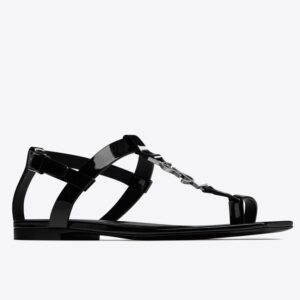 Replica Saint Laurent Cassandra Flat Sandals In Black Patent Leather