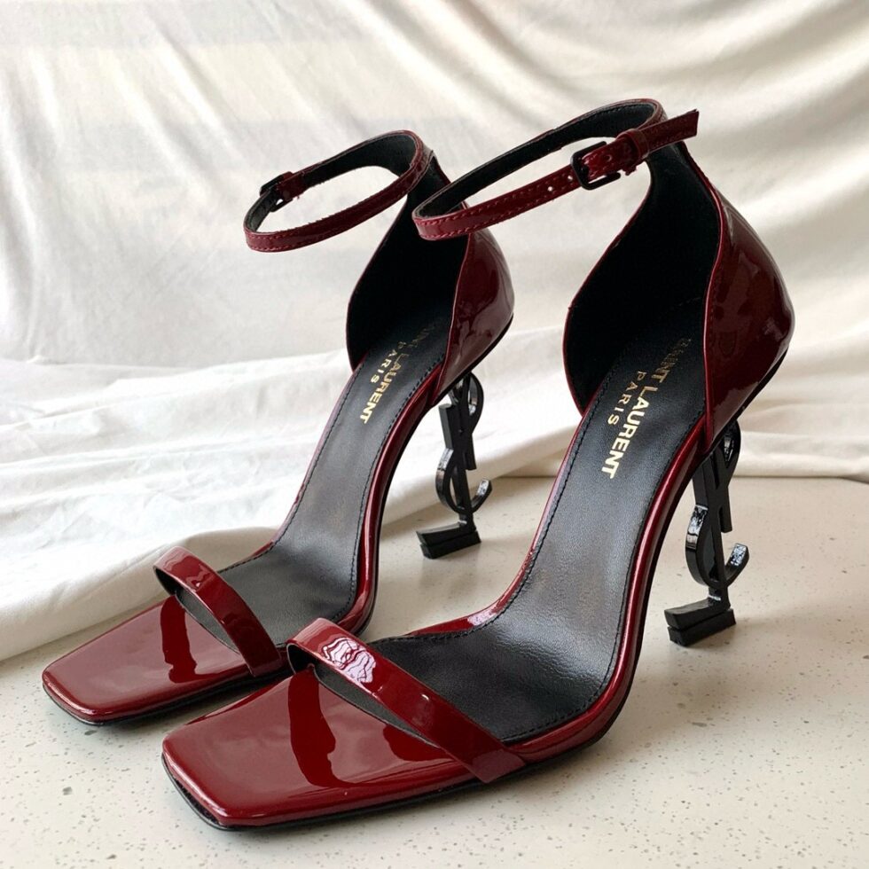 Replica Saint Laurent Opyum 85mm Sandals in Red Patent Leather with Black YSL Heel 106