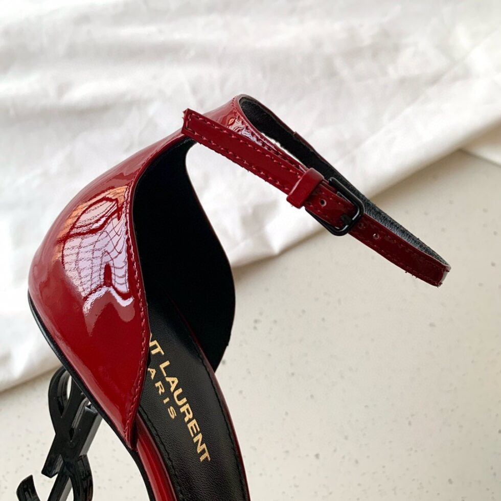 Replica Saint Laurent Opyum 85mm Sandals in Red Patent Leather with Black YSL Heel 107