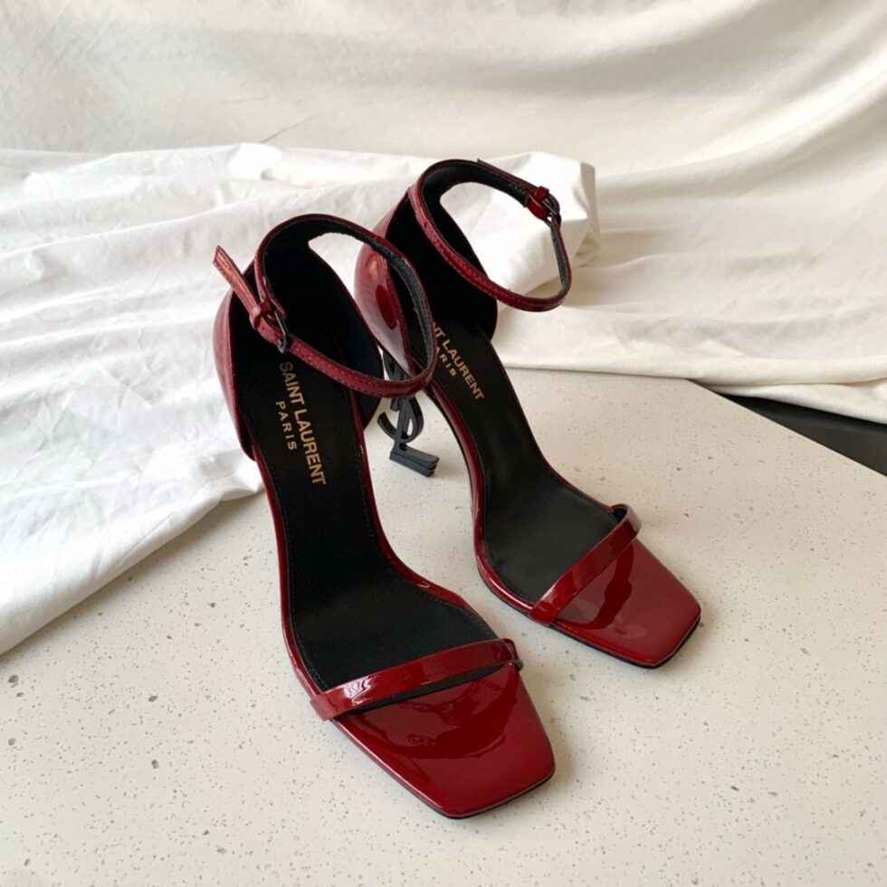 Replica Saint Laurent Opyum 85mm Sandals in Red Patent Leather with Black YSL Heel 108