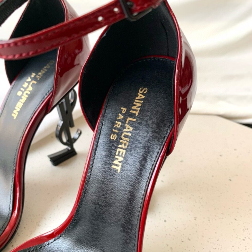 Replica Saint Laurent Opyum 85mm Sandals in Red Patent Leather with Black YSL Heel 109