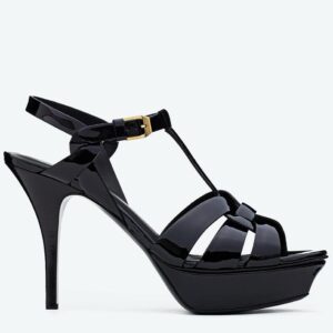 Replica Saint Laurent Tribute Platform Sandals 105mm In Black Patent Leather