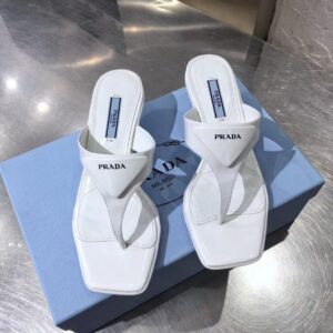 Replica Prada Heeled Thong Sandals In White Brushed Leather 2