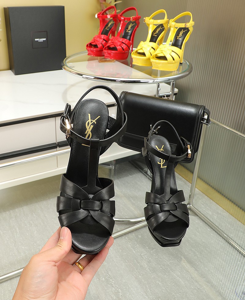 Replica Saint Laurent Tribute Platform Sandals 135mm In Black Calfskin 112