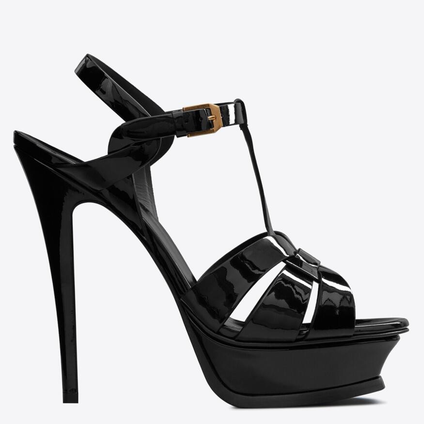 Replica Saint Laurent Tribute Platform Sandals 135mm In Black Patent Leather 104