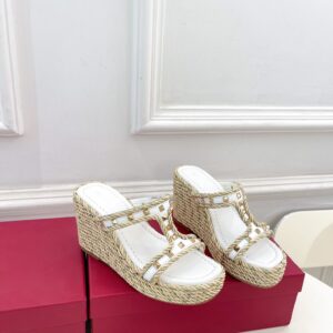 Replica Valentino Garavani Rockstud Wedge Sandals in White Calfskin 2