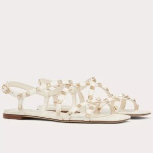 Replica Valentino Rockstud Flat Sandals with Straps in White Leather