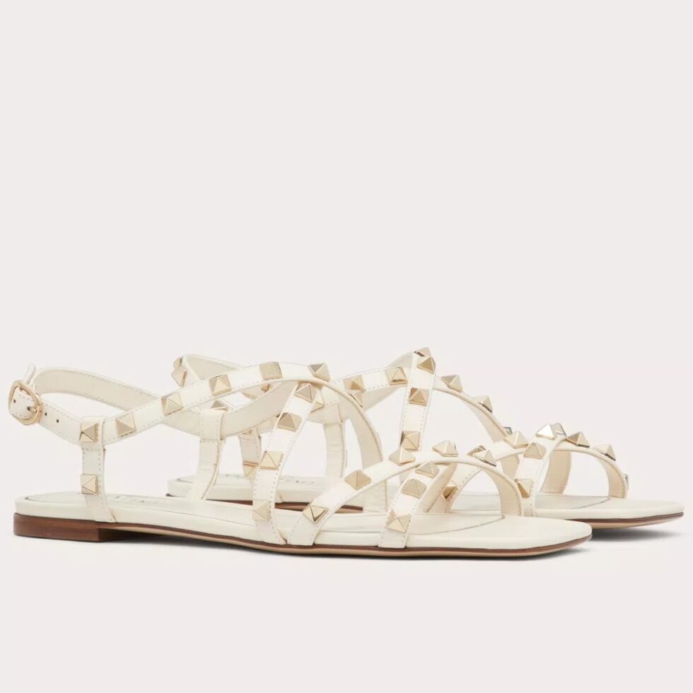 Replica Valentino Rockstud Flat Sandals with Straps in White Leather 104