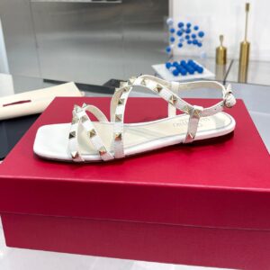 Replica Valentino Rockstud Flat Sandals with Straps in White Leather 2