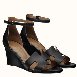 Replica Hermes Legend Wedge Sandals In Black Calfskin