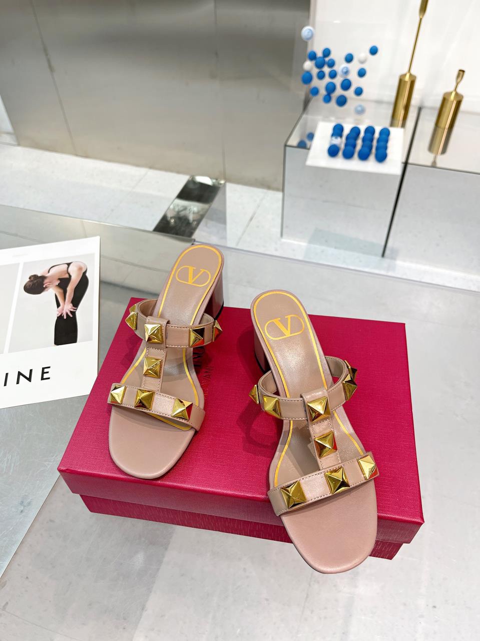 Replica Valentino Roman Stud Slide Sandals 60mm In Rose Cannelle Calfskin 109