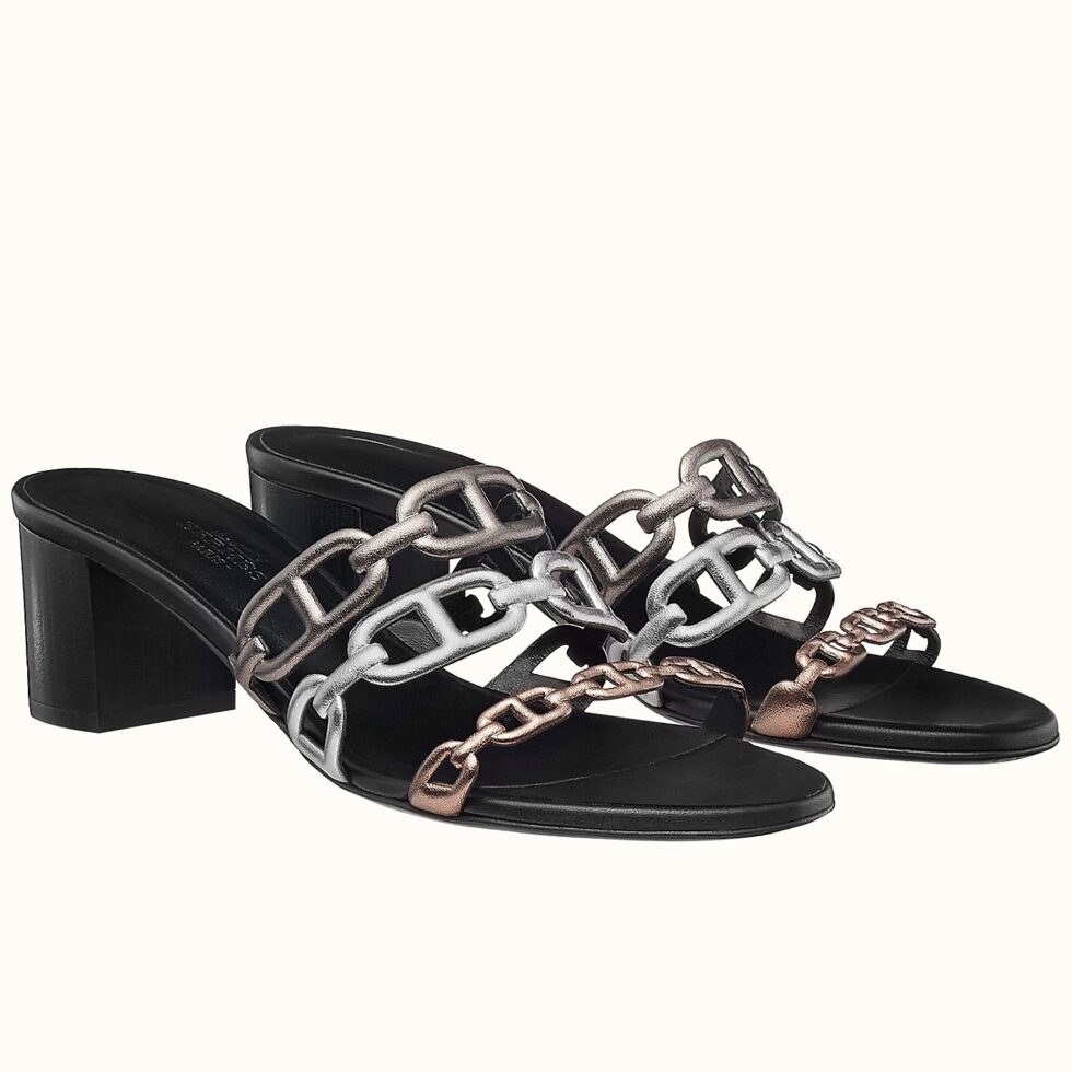 Replica Hermes Tandem 50mm Sandals In Gold/Silver Lambskin 104