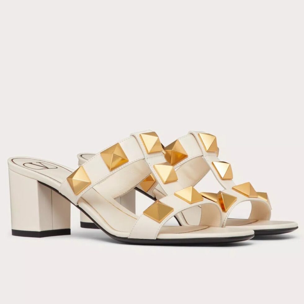 Replica Valentino Roman Stud Slide Sandals 60mm In White Calfskin 104