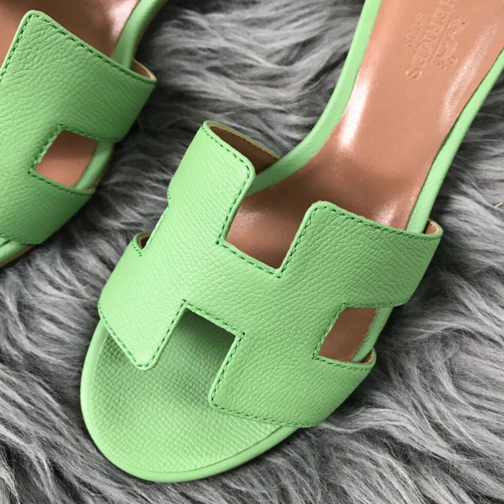 Replica Hermes Oasis Slide Sandals 50mm In Vert Criquet Epsom Calfskin 106