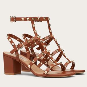 Replica Valentino Rockstud Ankle Strap Sandals 60mm In Brown Calfskin