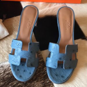 Replica Hermes Oasis Slide Sandals 50mm In Jean Blue Ostrich Leather