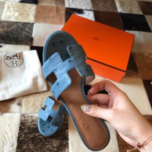 Replica Hermes Oasis Slide Sandals 50mm In Jean Blue Ostrich Leather 2