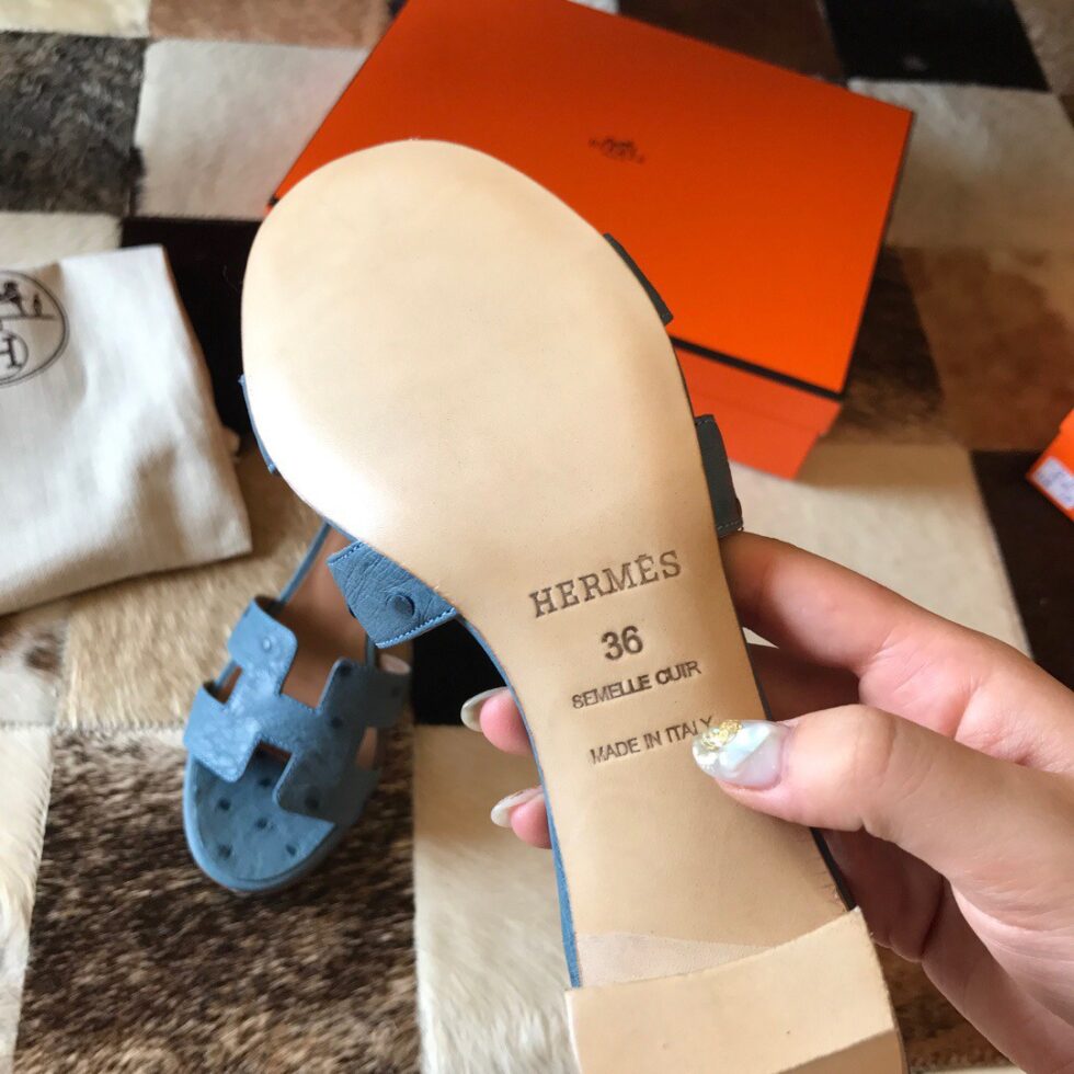 Replica Hermes Oasis Slide Sandals 50mm In Jean Blue Ostrich Leather 107