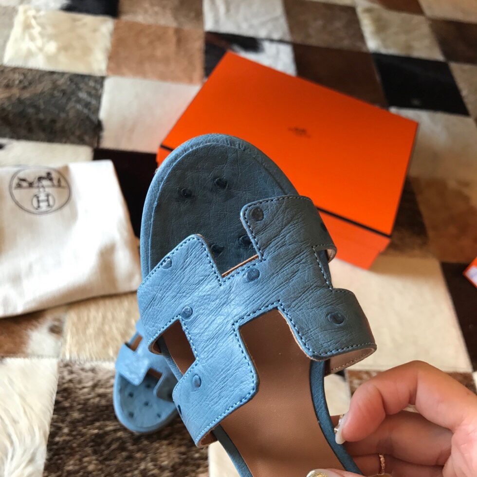 Replica Hermes Oasis Slide Sandals 50mm In Jean Blue Ostrich Leather 108