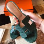 Replica Hermes Oasis Slide Sandals 50mm In Malachite Ostrich Leather