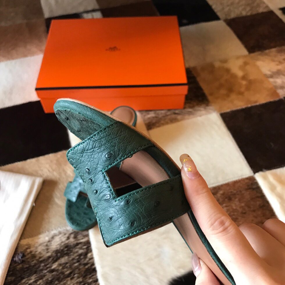 Replica Hermes Oasis Slide Sandals 50mm In Malachite Ostrich Leather 106