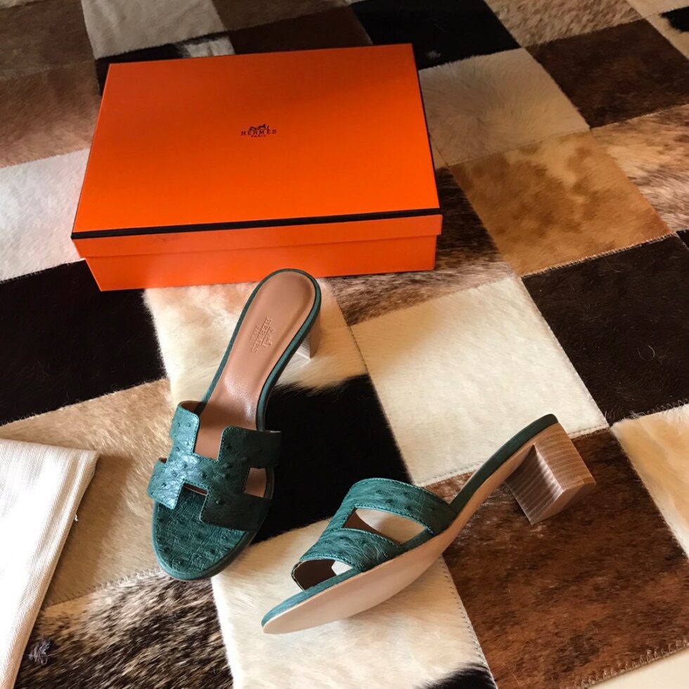 Replica Hermes Oasis Slide Sandals 50mm In Malachite Ostrich Leather 107