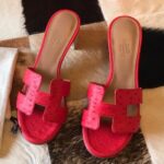 Replica Hermes Oasis Slide Sandals 50mm In Red Ostrich Leather