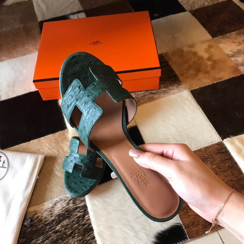 Replica Hermes Oasis Slide Sandals 50mm In Malachite Ostrich Leather 108