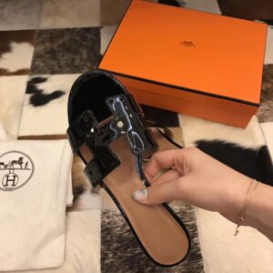 Replica Hermes Oasis Slide Sandals 50mm In Black Patent Calfskin 2