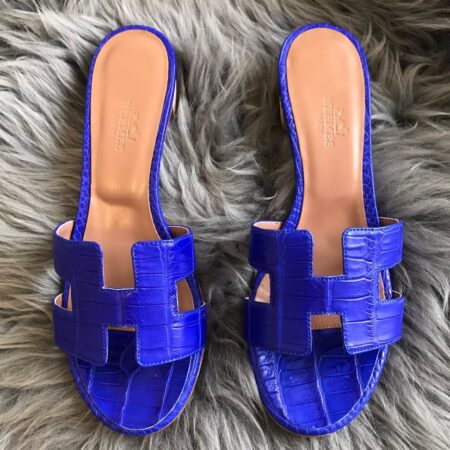 Replica Hermes Oasis Slide Sandals In Blue Electric Niloticus Crocodile Shiny Skin