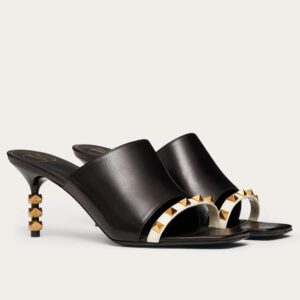 Replica Valentino Black Rockstud Slide Sandals With Sculpted Heel