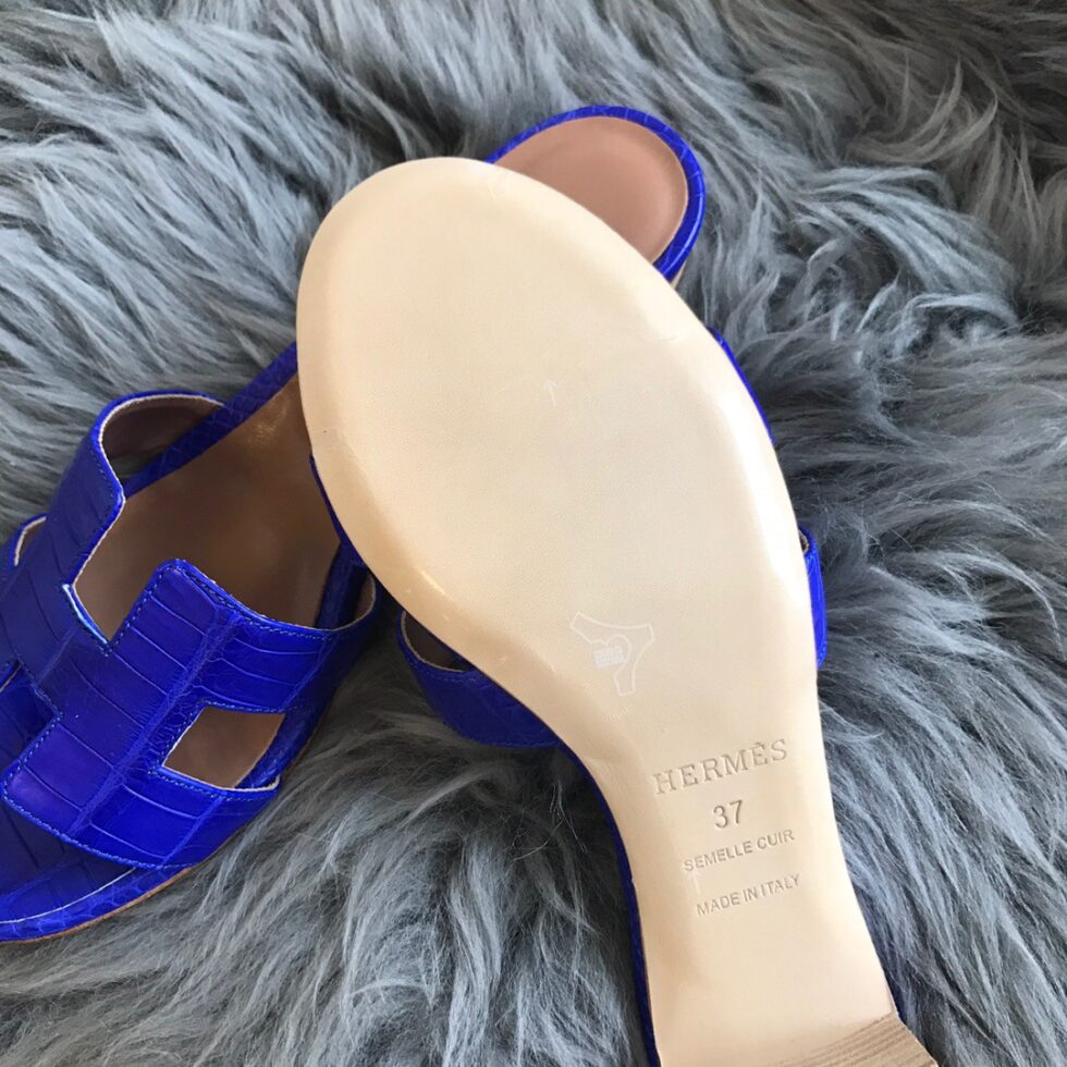 Replica Hermes Oasis Slide Sandals In Blue Electric Niloticus Crocodile Shiny Skin 106