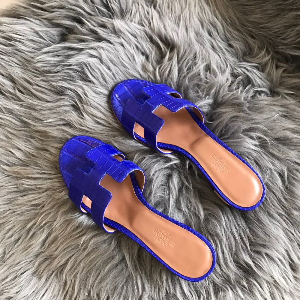 Replica Hermes Oasis Slide Sandals In Blue Electric Niloticus Crocodile Shiny Skin 107