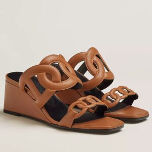 Replica Hermes Figari 55mm Wedge Sandals In Brown Nappa Leather