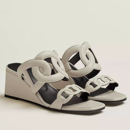 Replica Hermes Figari 55mm Wedge Sandals In Ivory Nappa Leather