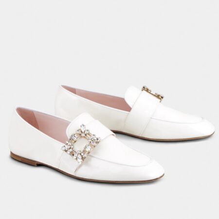 Replica Roger Vivier Mini Broche Buckle Loafers in White Patent Leather