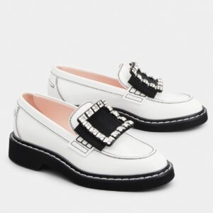 Replica Roger Vivier Viv’ Rangers Stitch Strass Loafers In White Leather